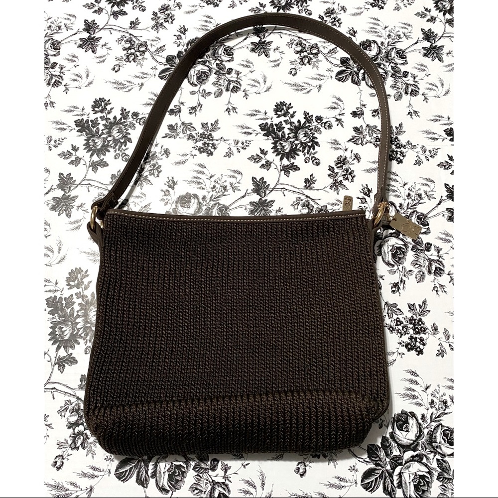 LINA Brown Crochet Knit Gold Tone Shoulder Purse